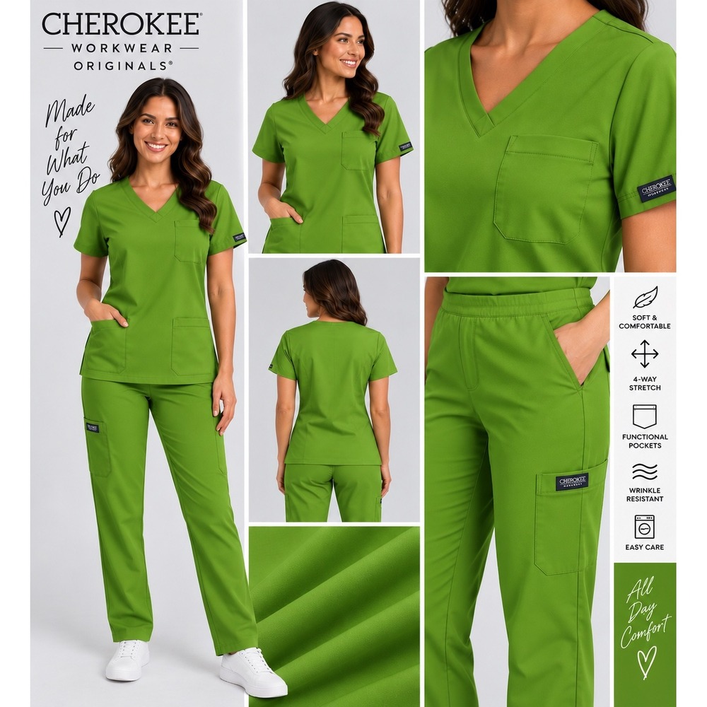 Cherokee Workwear Originals Scrub Set Lime Green V-Neck Cargo Pockets XXS